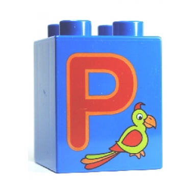 blue duplo brick 2 x 2 x 2 with letter p and parrot pattern