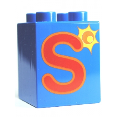 blue duplo brick 2 x 2 x 2 with letter s and sun pattern