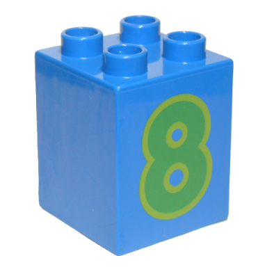 blue duplo brick 2 x 2 x 2 with number 8 green pattern