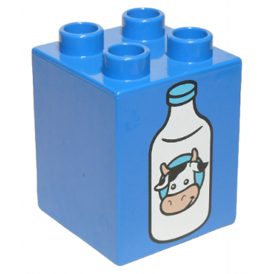 blue duplo brick 2 x 2 x 2 with milk bottle with cow head pattern
