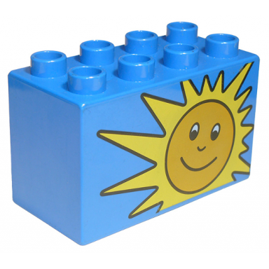 blue duplo brick 2 x 4 x 2 with sun with face pattern