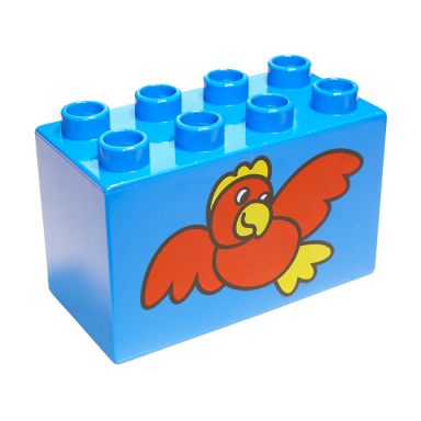 blue duplo brick 2 x 4 x 2 with red bird with yellow beak crest and tail feathers pattern