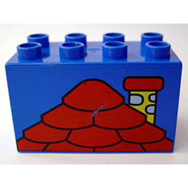 blue duplo brick 2 x 4 x 2 with red roof and yellow chimney pattern