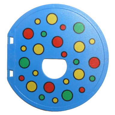 blue duplo ball tube exit door with green red and yellow dots pattern