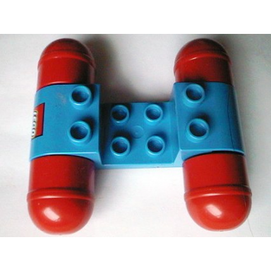 blue duplo car base with red wheels with lego logo pattern
