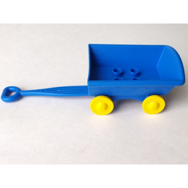 blue duplo hand wagon with yellow wheels