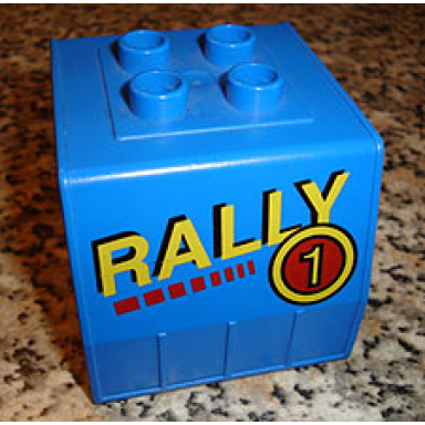 blue duplo train freight container with yellow rally and number 1 in circle pattern
