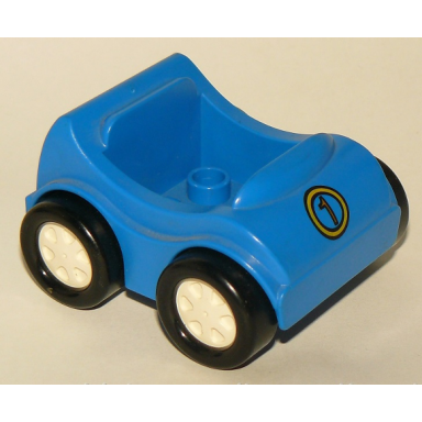 blue duplo car with white wheels and black smooth tires with yellow number 1 in circle pattern