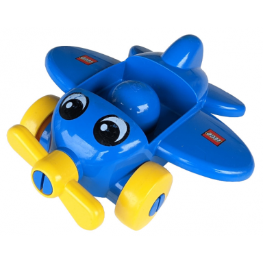 primo vehicle airplane with yellow propeller and wheels with eyes and lego logo on wings pattern