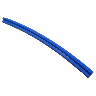 blue train track rail curved outside with tapered ends