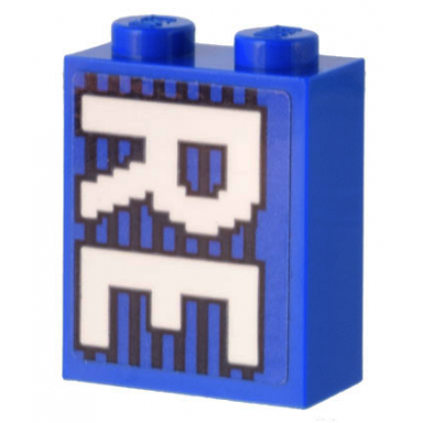 blue brick 1 x 2 x 2 with inside stud holder with white re on blue and black lines pattern sticker - set 10299