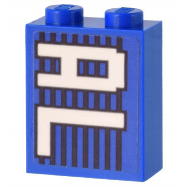 blue brick 1 x 2 x 2 with inside stud holder with white al on blue and black lines pattern sticker - set 10299