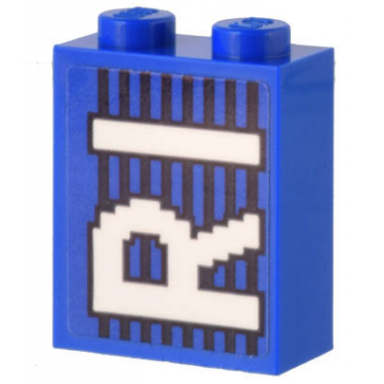 blue brick 1 x 2 x 2 with inside stud holder with white ri on blue and black lines pattern sticker - set 10299