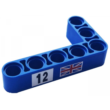 blue technic liftarm modified bent thick l-shape 3 x 5 with black number 12 on white background and united kingdom flag pattern model left side sticker - set 42123