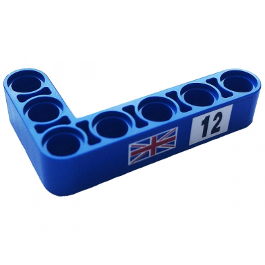 blue technic liftarm modified bent thick l-shape 3 x 5 with black number 12 on white background and united kingdom flag pattern model right side sticker - set 42123