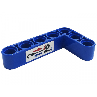 blue technic liftarm modified bent thick l-shape 3 x 5 with black hook blue and red arrows and gear on white background pattern sticker - set 42128