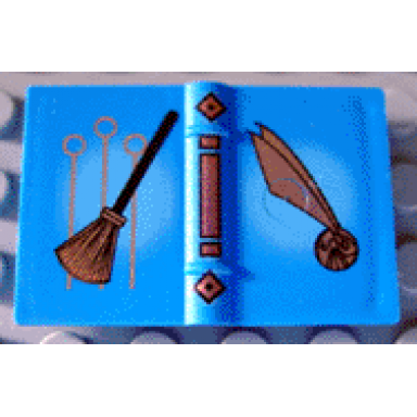 blue minifigure utensil book 2 x 3 with quidditch rings broom and golden snitch pattern