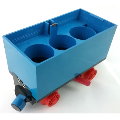 blue train battery box car with two contact holes red switch lever blue and red magnets and red wheels