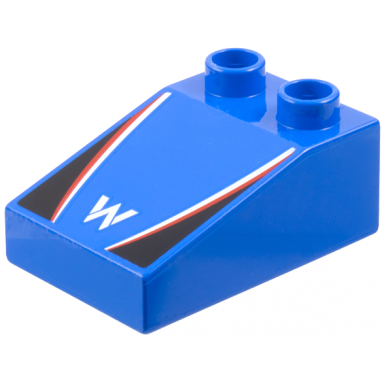 blue duplo brick 3 x 2 slope 33 with williams formula 1 logo stylized capital letter w white and red stripes black triangles pattern