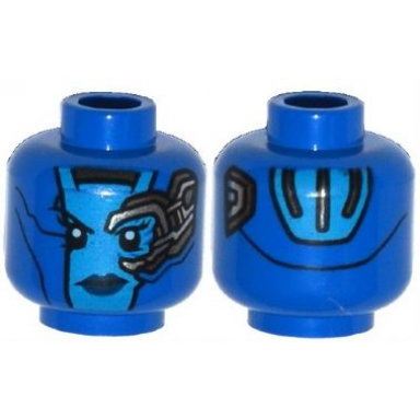 blue minifigure head alien female dark azure face dark blue lips mechanical left eye silver stripes on back pattern