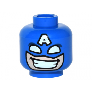 blue minifigure head male mask with eye holes white and letter a on forehead grin with teeth pattern captain america