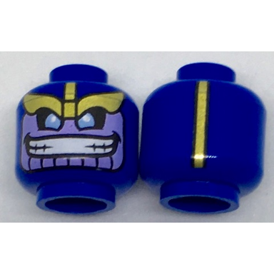 blue minifigure head alien with gold eyebrows lavender face with wide grin and gold stripe on back pattern