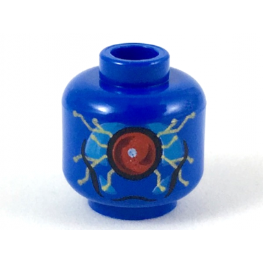 blue minifigure head alien with large red eye in dark azure panel gold circuitry pattern