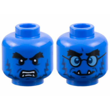 blue minifigure head dual sided alien black bushy eyebrows dark blue fur white lower fangs open mouth scowl with teeth parted grin with glasses pattern