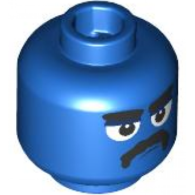 blue minifigure head thick black eyebrows large white eyes with dark blue upper eyelids moustache closed mouth scowl pattern