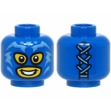 blue minifigure head balaclava with eye and mouth holes medium blue lightning bolts and stars yellow face open mouth smile with teeth laces on back pattern bam
