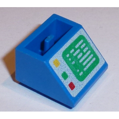 blue slope inverted 45 2 x 2 with flat bottom pin with green computer screen on white background red green and yellow buttons on right side pattern