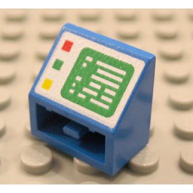 slope inverted 45 2 x 2 with flat bottom pin with green computer screen on white background red green and yellow buttons on left side pattern