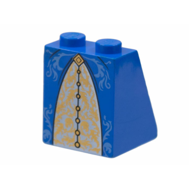 blue slope 65 2 x 2 x 2 with bottom tube with minifigure dress skirt robe gold and medium blue trimmed pattern