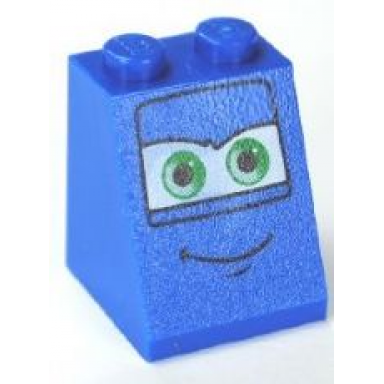 blue slope 65 2 x 2 x 2 with bottom tube with green eyes on white background and smile pattern 1
