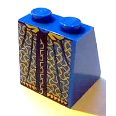 blue slope 65 2 x 2 x 2 with bottom tube with minifigure dress skirt robe gold and dark blue pattern