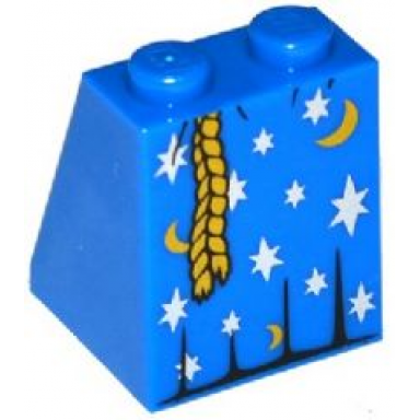 blue slope 65 2 x 2 x 2 with bottom tube with minifigure dress skirt robe moons stars and rope belt pattern