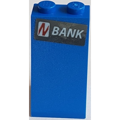 blue slope 75 2 x 2 x 3 - solid studs with slanted red letter n in white rounded rectangle and white bank pattern sticker - set 76082