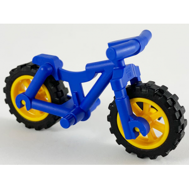 blue bicycle heavy mountain bike with straight handlebars with bright light orange wheels and black tires 36934 50862 50861