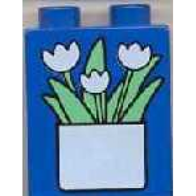 blue duplo brick 1 x 2 x 2 with white pot with flowers pattern