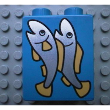blue duplo brick 1 x 2 x 2 with 2 fish pattern