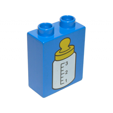 blue duplo brick 1 x 2 x 2 with white baby bottle with yellow nipple pattern
