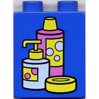 blue duplo brick 1 x 2 x 2 with shampoo and soap containers pattern