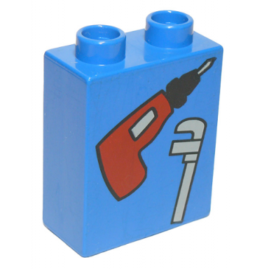 blue duplo brick 1 x 2 x 2 with electric drill and wrench pattern
