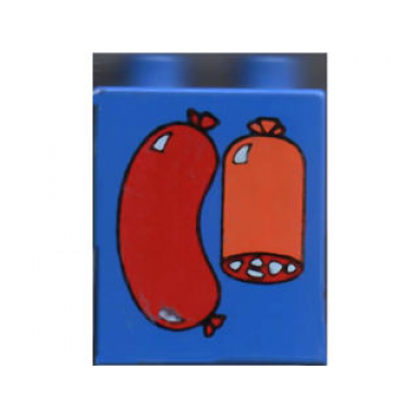 blue duplo brick 1 x 2 x 2 with sausages pattern