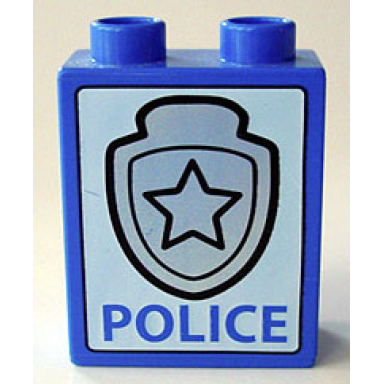blue duplo brick 1 x 2 x 2 with silver star badge and police on white background pattern