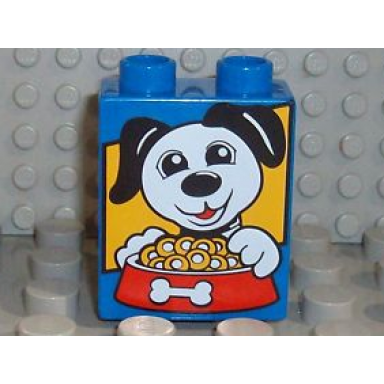 blue duplo brick 1 x 2 x 2 with dog and food bowl pattern