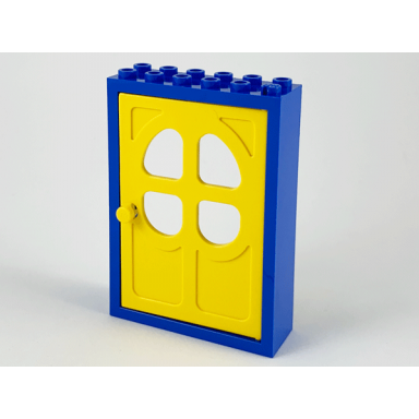 blue door frame 2 x 6 x 7 with yellow fabuland door 1 x 6 x 7 with round pane in 4 sections 4071 4072