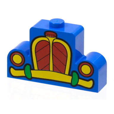 blue brick modified 1 x 4 x 2 center stud top with red yellow and green car grille headlights and bumper pattern