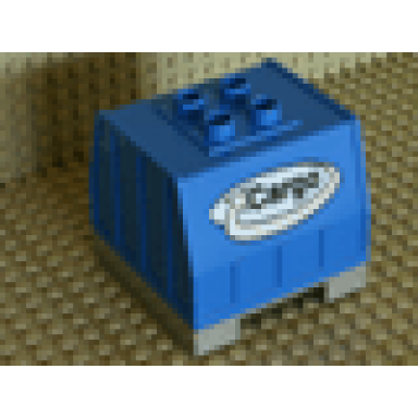 blue duplo train freight container on pearl light gray palette with black cargo on white oval with silver curved arrow pattern on both sides