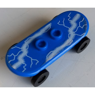 blue minifigure utensil skateboard deck with white lightning pattern sticker with black wheels 42511pb12 2496 - set 4513